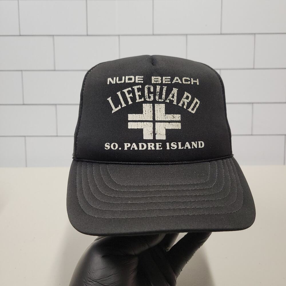 Vintage Nude Beach Lifeguard South Padre Island TX Mesh Trucker Snapback Hat